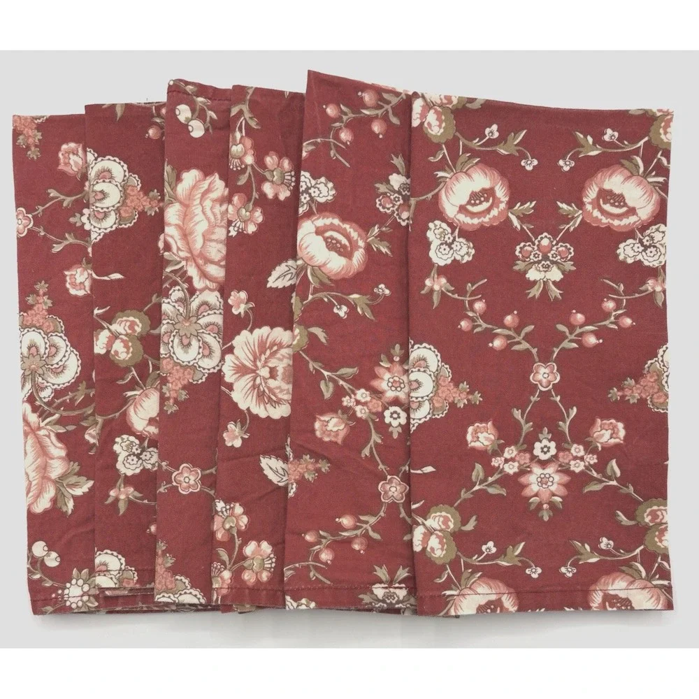 Williams Sonoma Vintage Floral Rose Red Sage Pink Dinner Napkins Set Of 6
